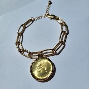 Italian Coin Charm Bracelet Gold Paperclip Link Chain
